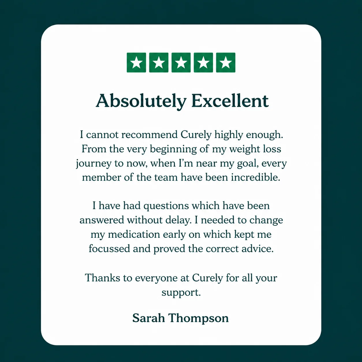 Five-star Trustpilot review from Sarah Thompson